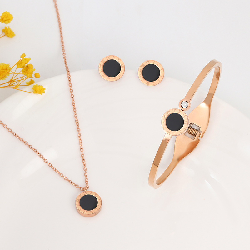 Rose Gold Stainless Steel Jewelry Sets with Roman Numeral Round Pendant Earrings and Bangle