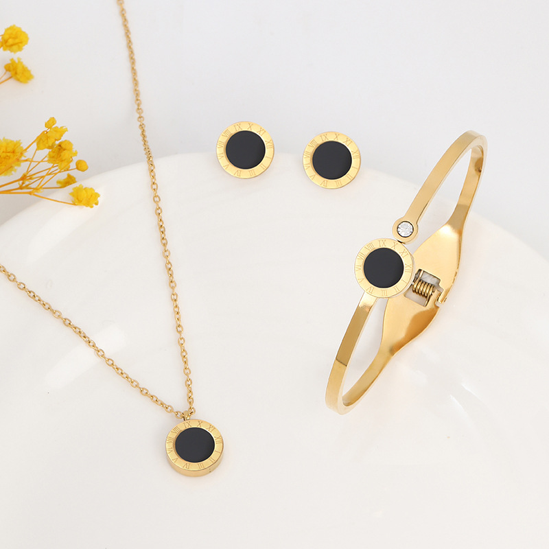 Rose Gold Stainless Steel Jewelry Sets with Roman Numeral Round Pendant Earrings and Bangle