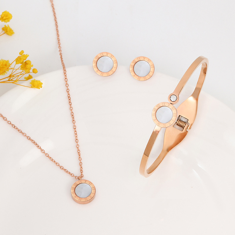 Rose Gold Stainless Steel Jewelry Sets with Roman Numeral Round Pendant Earrings and Bangle