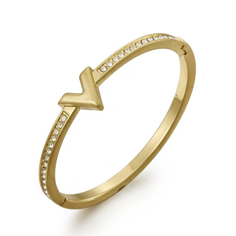 Luxury V Letter Crystal Bangle Bracelet for Women – Gold Color Minimalist Rhinestone Cuff Bracelet