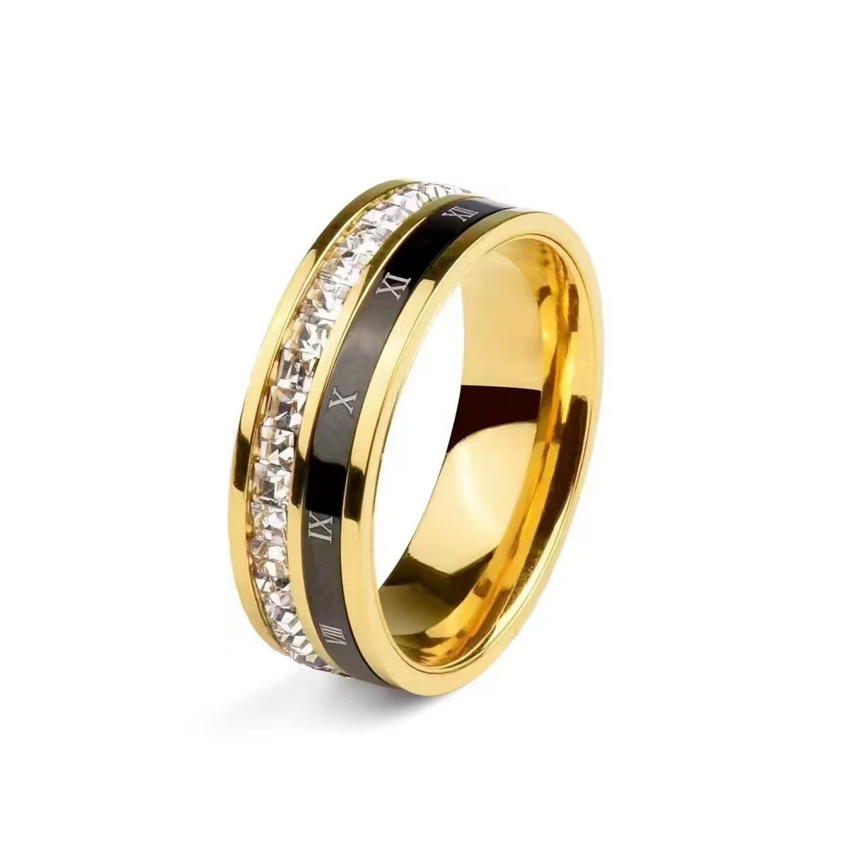 Men's Roman Numerals Ring with Channel Set CZ Stones 18k Gold Stainless Steel Wedding Band