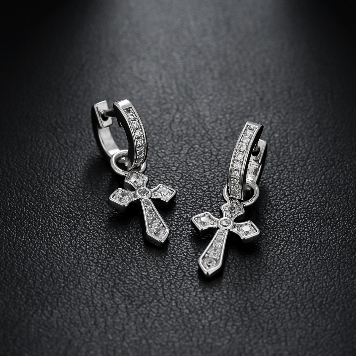Men's Stainless Steel Cross Zircon Earrings Hoop Dangle Hip Hop Fashion Jewelry Silver Drop Earrings