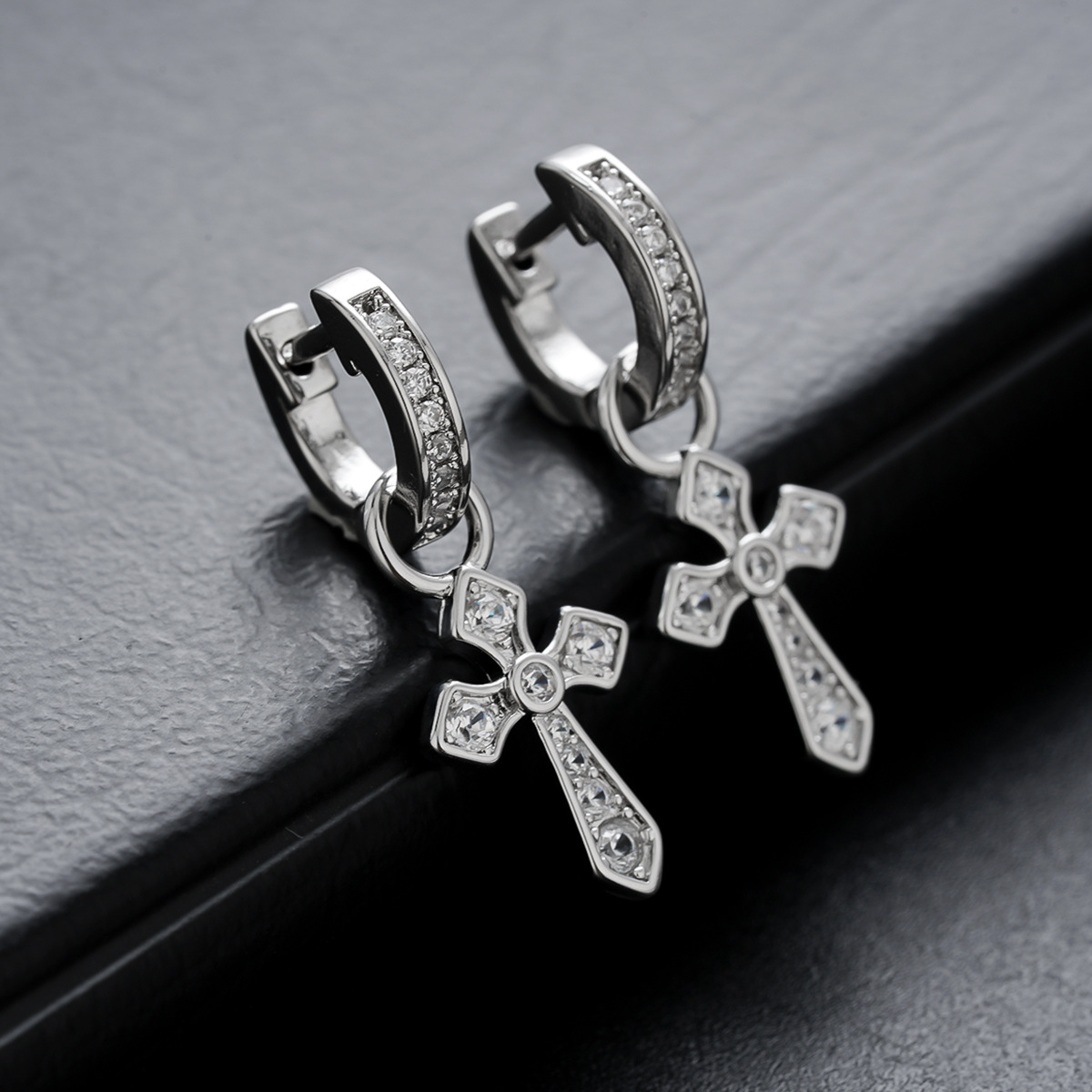 Men's Stainless Steel Cross Zircon Earrings Hoop Dangle Hip Hop Fashion Jewelry Silver Drop Earrings