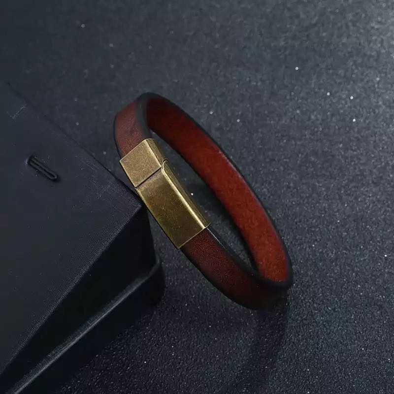 Men's Simple Brown Genuine Leather Bracelet Stainless Steel Retro Magnet Clasp About 10mm Width Leather Bangle