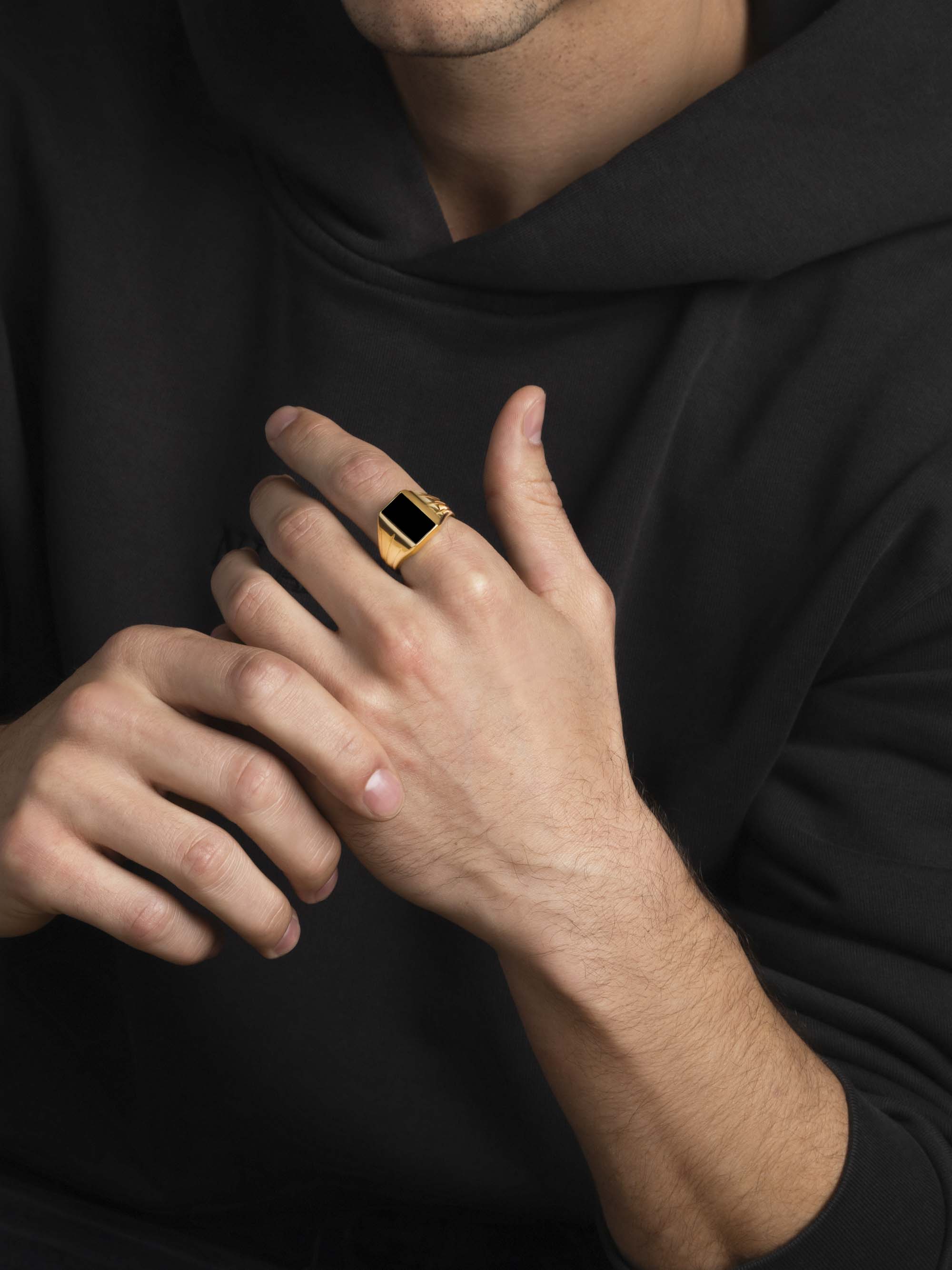Men’s Gold Signet Ring with Black Onyx – Right Index Finger Power Ring