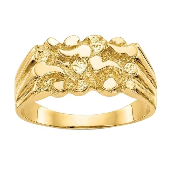 Men’s Nugget Ring – Polished Yellow Gold Plated Stainless Steel Band, Customizable 10k/14k/18k Fine Jewelry