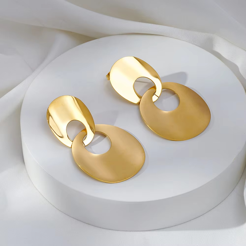 Metal Style Geometric Double Ring Earrings Women's High-end Sense Bright Face Personality Stainless Steel Hollow Earrings