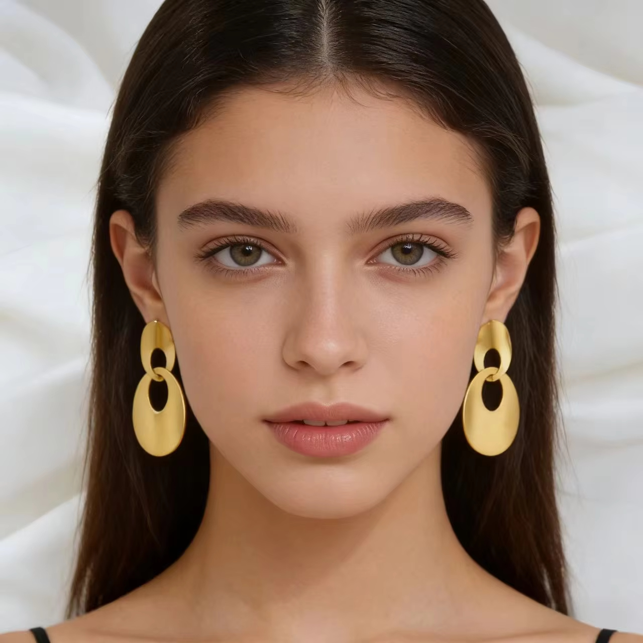 Metal Style Geometric Double Ring Earrings Women's High-end Sense Bright Face Personality Stainless Steel Hollow Earrings