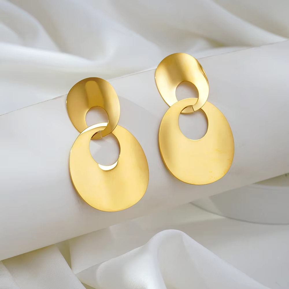 Metal Style Geometric Double Ring Earrings Women's High-end Sense Bright Face Personality Stainless Steel Hollow Earrings