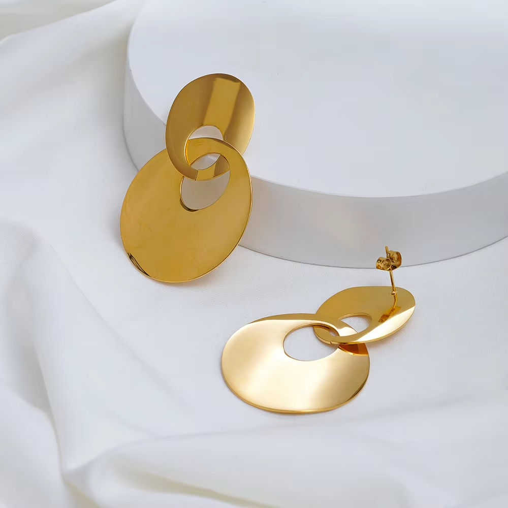 Metal Style Geometric Double Ring Earrings Women's High-end Sense Bright Face Personality Stainless Steel Hollow Earrings