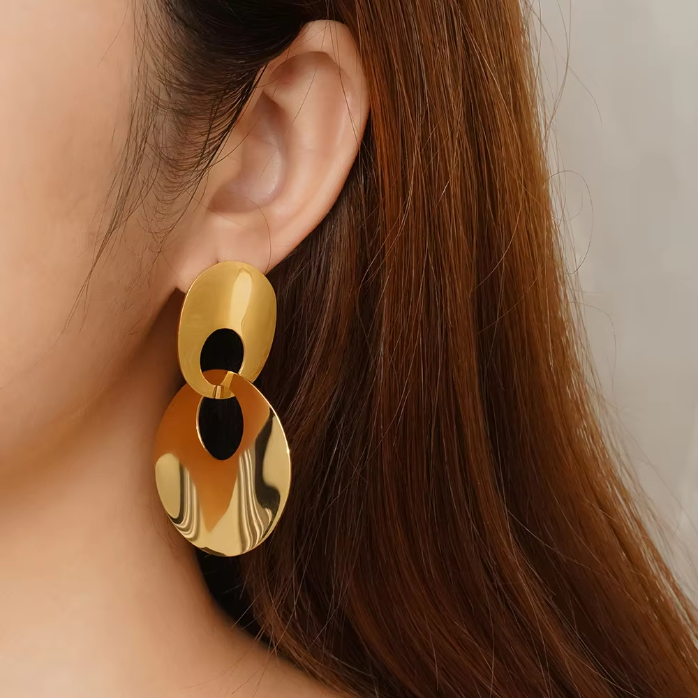Metal Style Geometric Double Ring Earrings Women's High-end Sense Bright Face Personality Stainless Steel Hollow Earrings