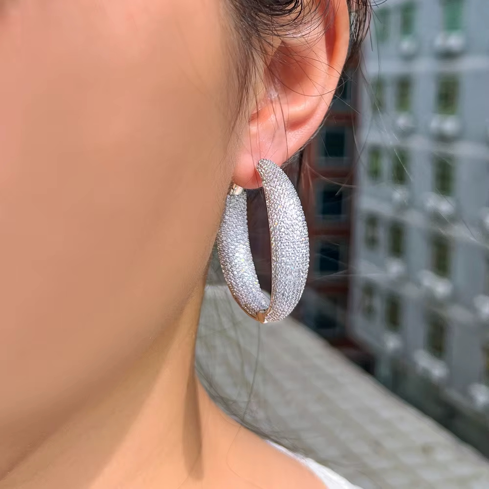 Micro Pave Cubic Zirconia Round Big Statement Hoop Earrings Silver Plated Luxury Women Wedding Bridal Jewelry Accessories