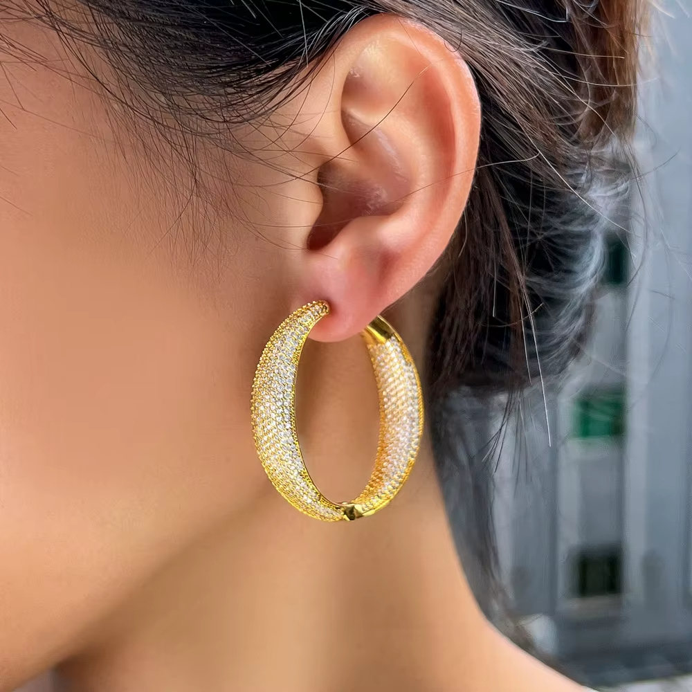 Micro Pave Cubic Zirconia Round Big Statement Hoop Earrings Silver Plated Luxury Women Wedding Bridal Jewelry Accessories