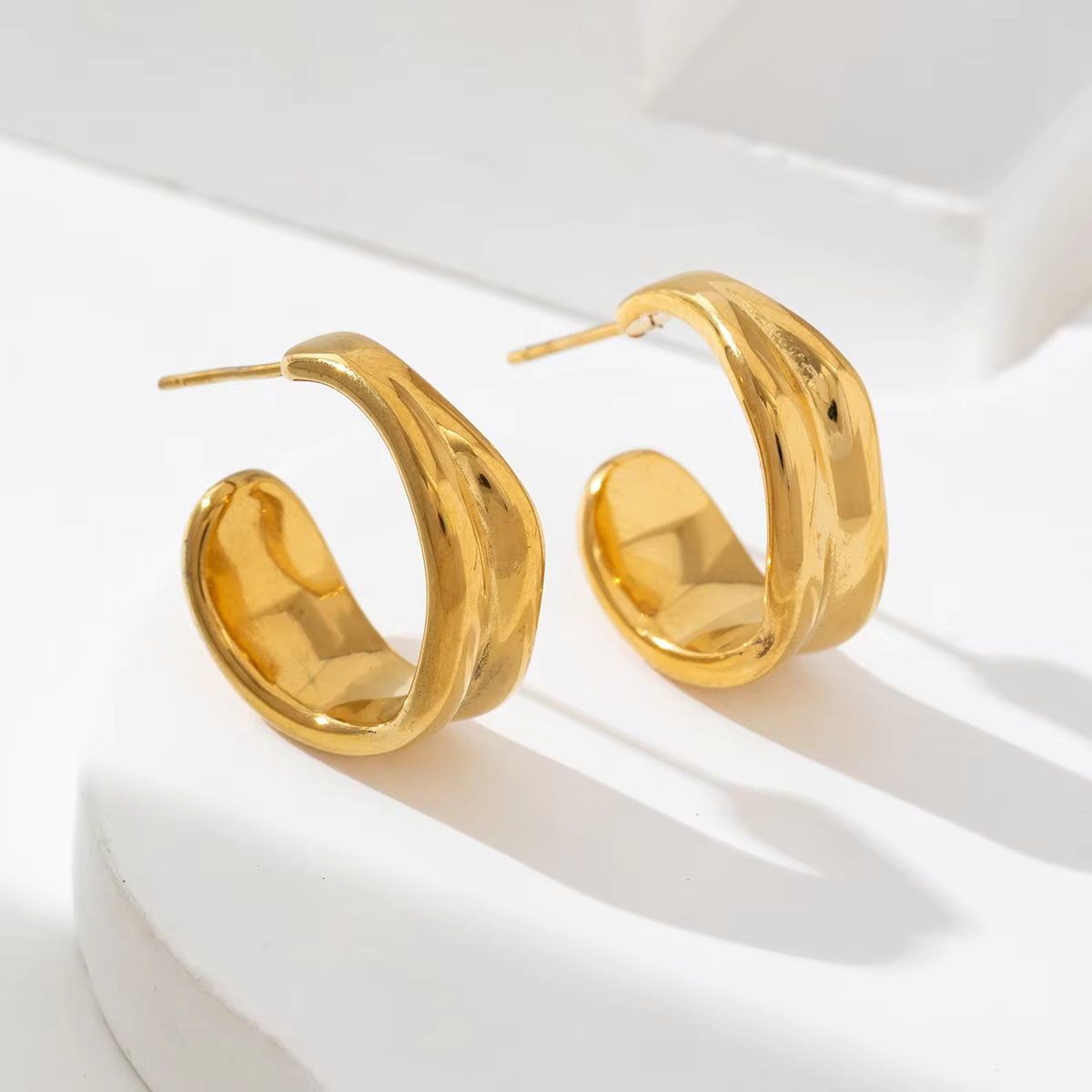 Minimalism Stainless Steel Stud Trendy for Anniversary Women Hypoallergenic Gold Plated Irregular Smooth Hoop Earrings