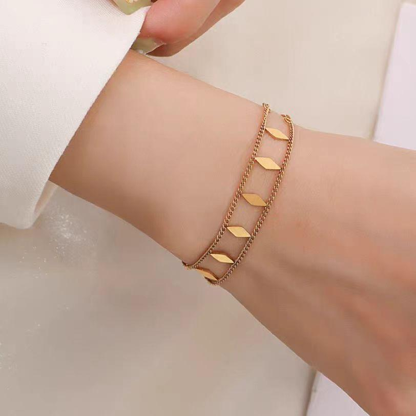 Minimalist 18K Gold Plated Double Chain Bracelet for Women with Geometric Marquise Links, Elegant Adjustable Fashion Jewelry