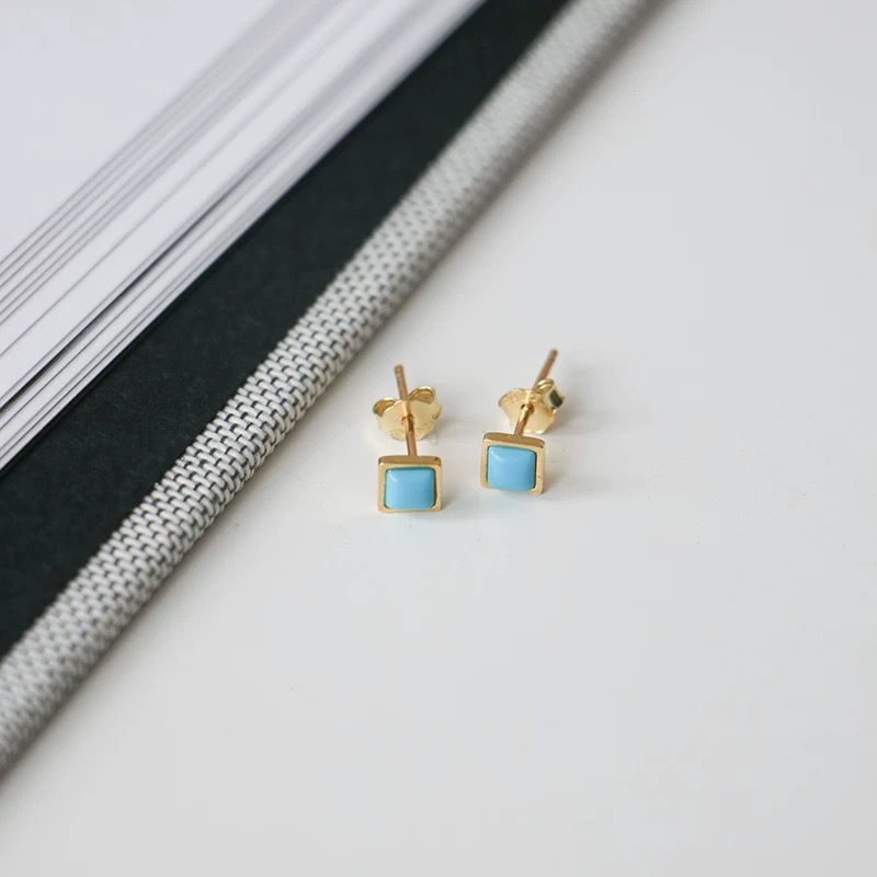 Minimalist Blue Square Stud Earrings for Women – Elegant Tiny Gold-Plated Geometric Earrings for Daily Wear, Gifts, and Office Style