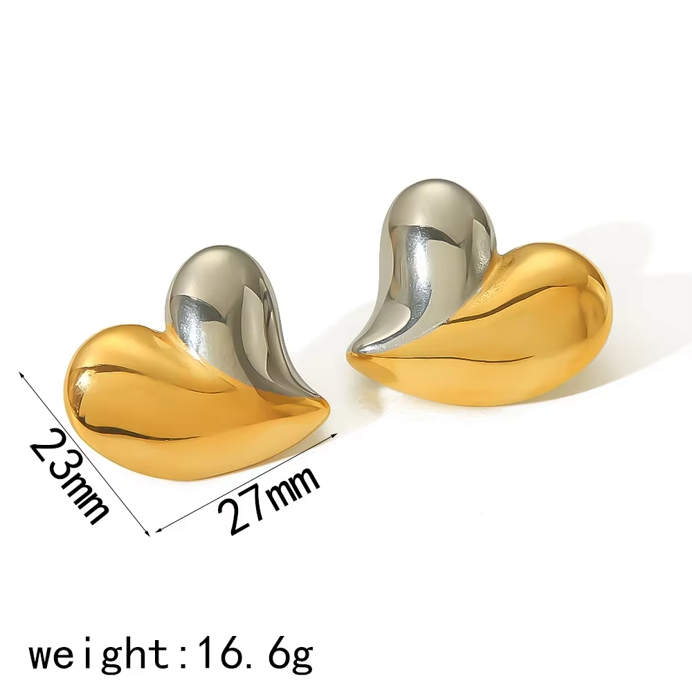 Minimalist Clean Fit Gold Silver Heart Pendant Necklace 18K PVD Gold Stainless Steel Metal Love Heart Stud Earring for Women