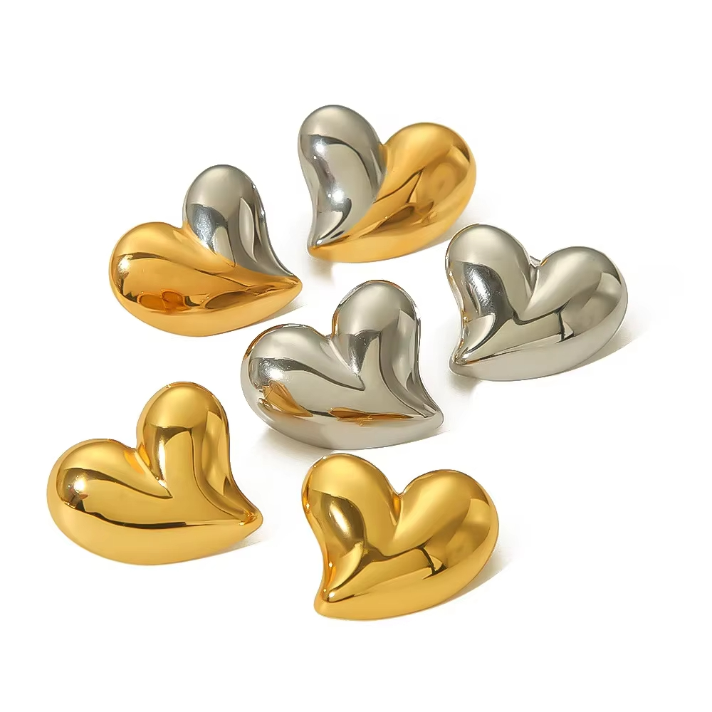 Minimalist Clean Fit Gold Silver Heart Pendant Necklace 18K PVD Gold Stainless Steel Metal Love Heart Stud Earring for Women