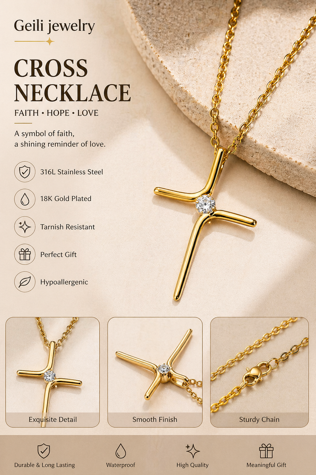 Minimalist Creative Cross Pendant Cross Necklace 18K Gold Plated Stainless Steel Jewelry for Women Wholesale OEM