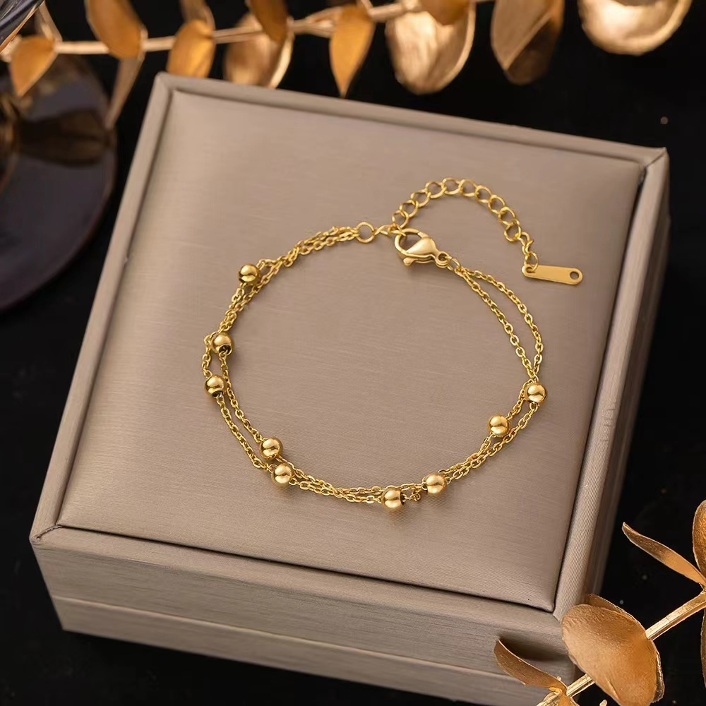 Minimalist Double Layer Beaded Chain Bracelet 18K Gold Plated Stainless Steel Jewelry