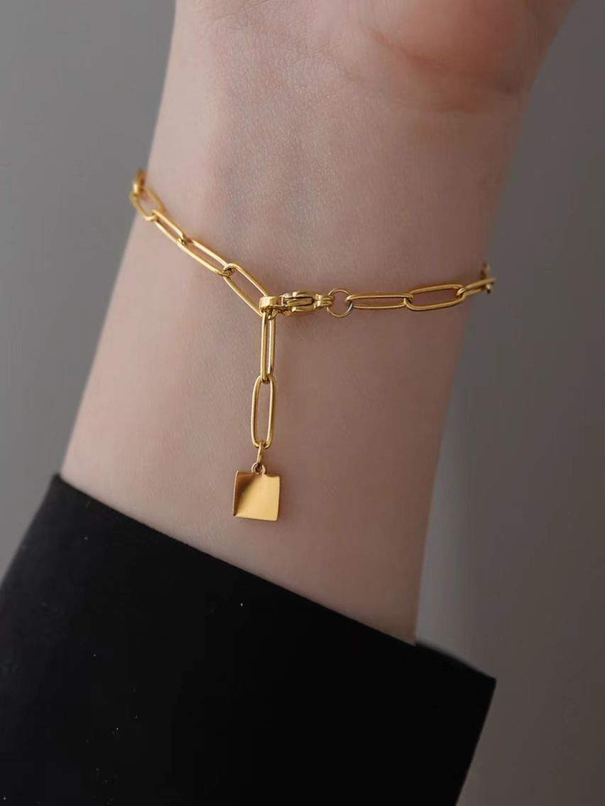 Minimalist Gold Chain Bracelet with Geometric Square Pendant - Dainty Modern Jewelry for Women Girls Daily Layered Fashion Accessory