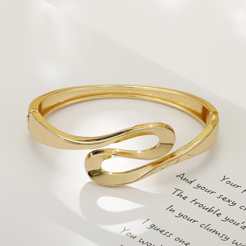 Minimalist Oval Link Crystal Bangle Bracelet for Women – Gold Tone Micro Pave Zircon Adjustable Cuff