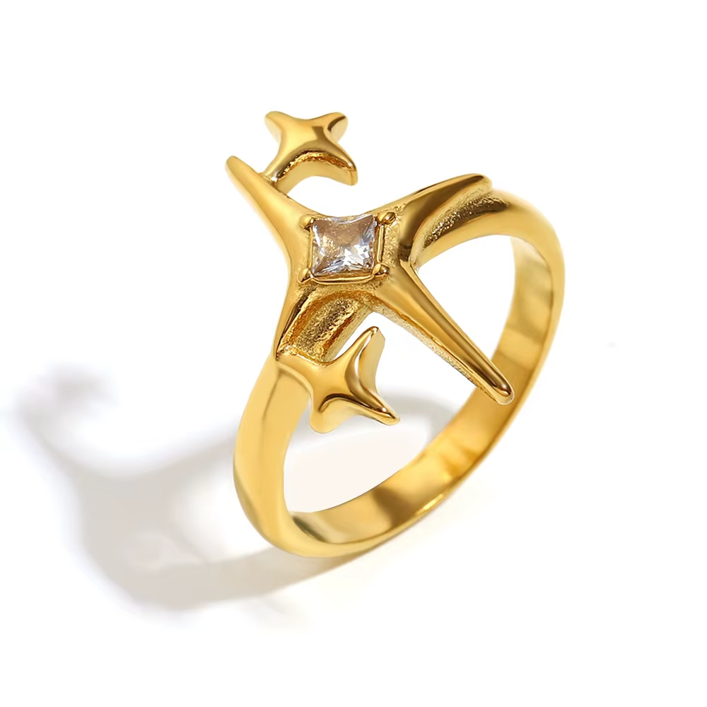 Minimalist Polar Star 18K Gold Plated Stainless Steel Ring – Elegant Women's Zircon Fashion Jewelry
