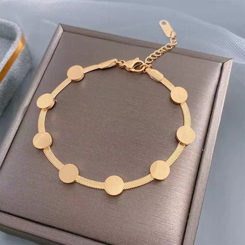 Minimalist Round Dot Charm Snake Chain Bracelet 18K Gold Plated Stainless Steel Jewelry