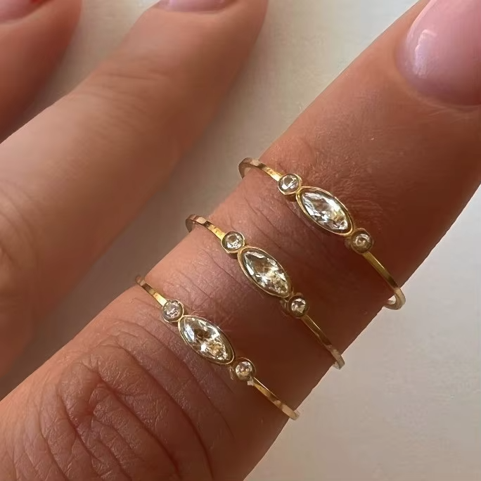 Minimalist Thin 18K Gold Plated Stainless Steel Ring – Anti-Tarnish White Zircon Ring for Women