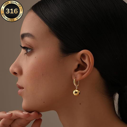 Minimalist Titanium Steel Hoop Earrings with Small Ball Gold Bean Charm, 316L Stainless Steel Jewelry