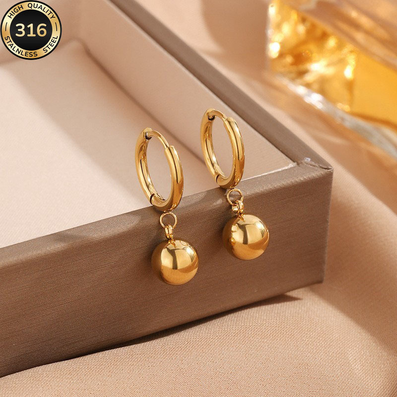 Minimalist Titanium Steel Hoop Earrings with Small Ball Gold Bean Charm, 316L Stainless Steel Jewelry