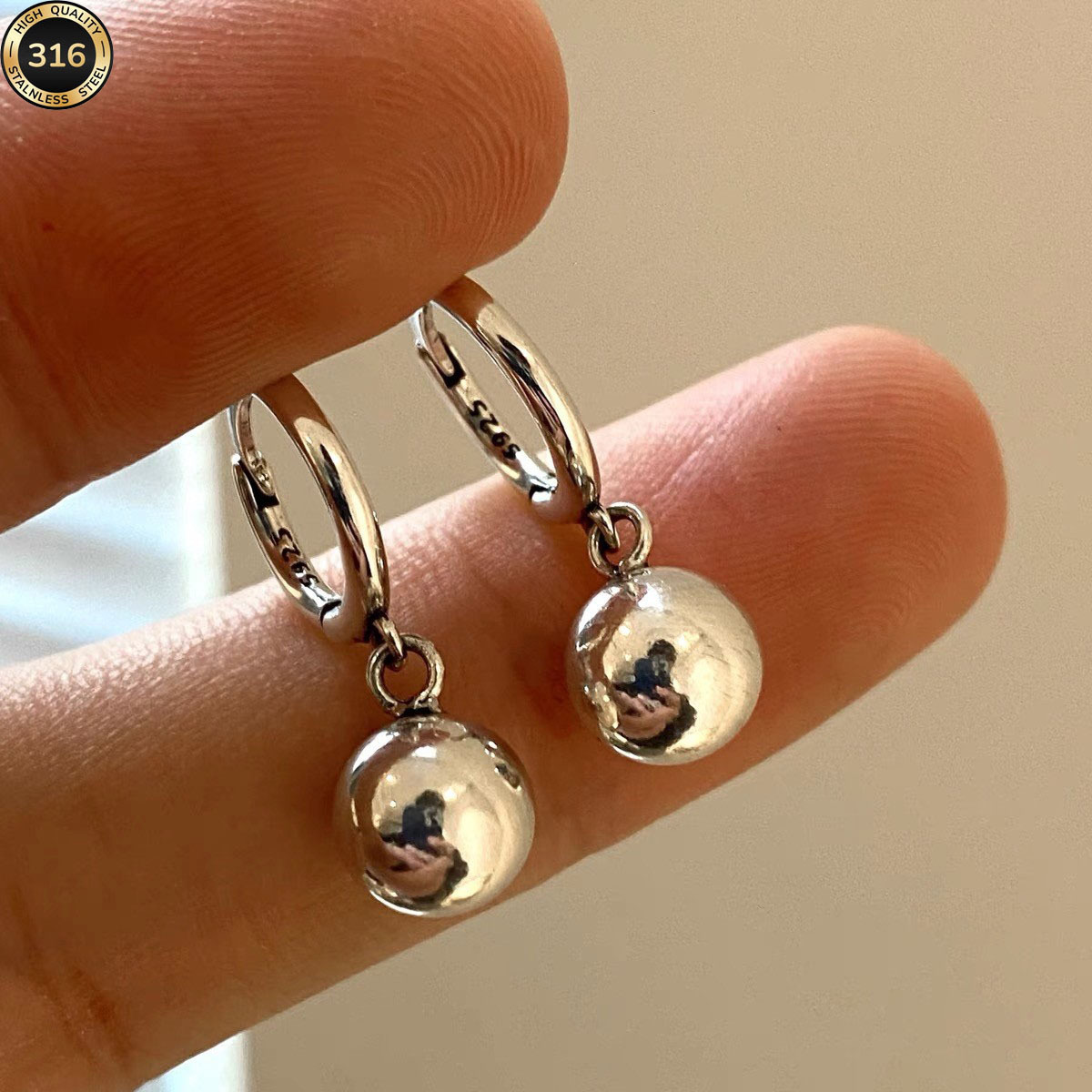 Minimalist Titanium Steel Hoop Earrings with Small Ball Gold Bean Charm, 316L Stainless Steel Jewelry