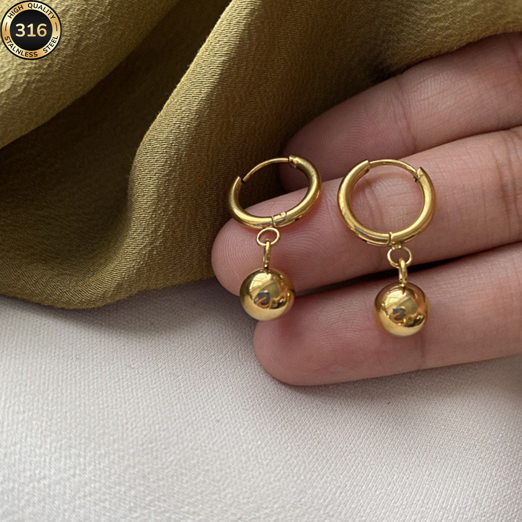 Minimalist Titanium Steel Hoop Earrings with Small Ball Gold Bean Charm, 316L Stainless Steel Jewelry