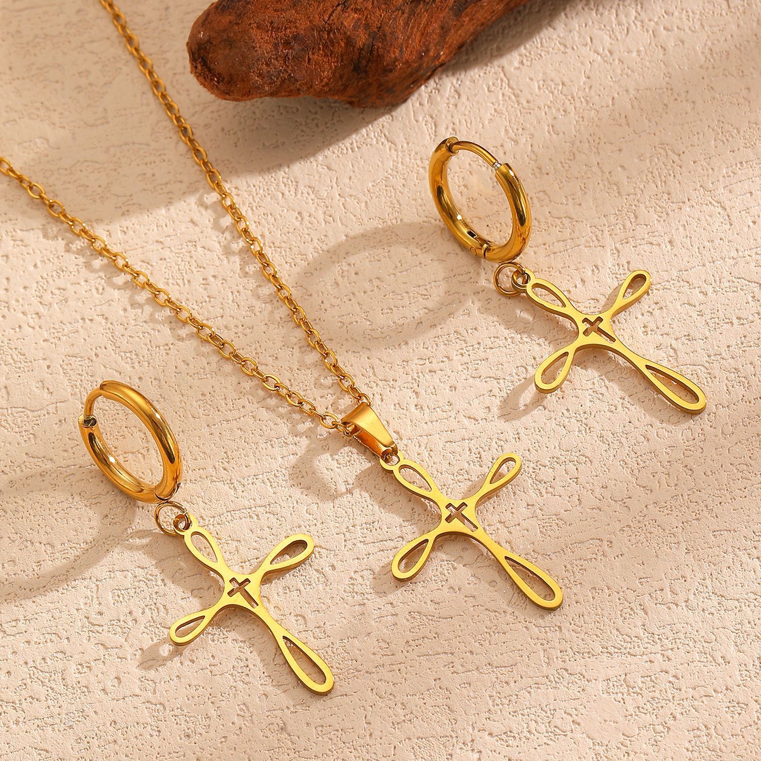 Gold Cross Pendant Necklace with Hoop Cross Earrings Minimalist Jewelry Set