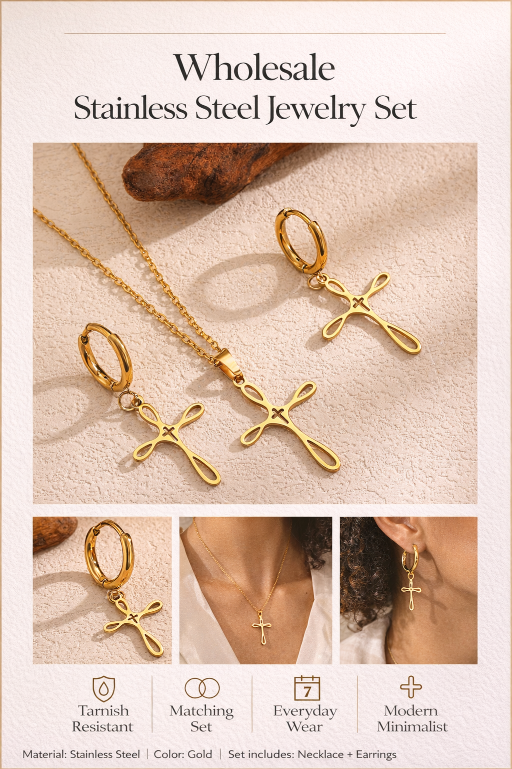 Gold Cross Pendant Necklace with Hoop Cross Earrings Minimalist Jewelry Set