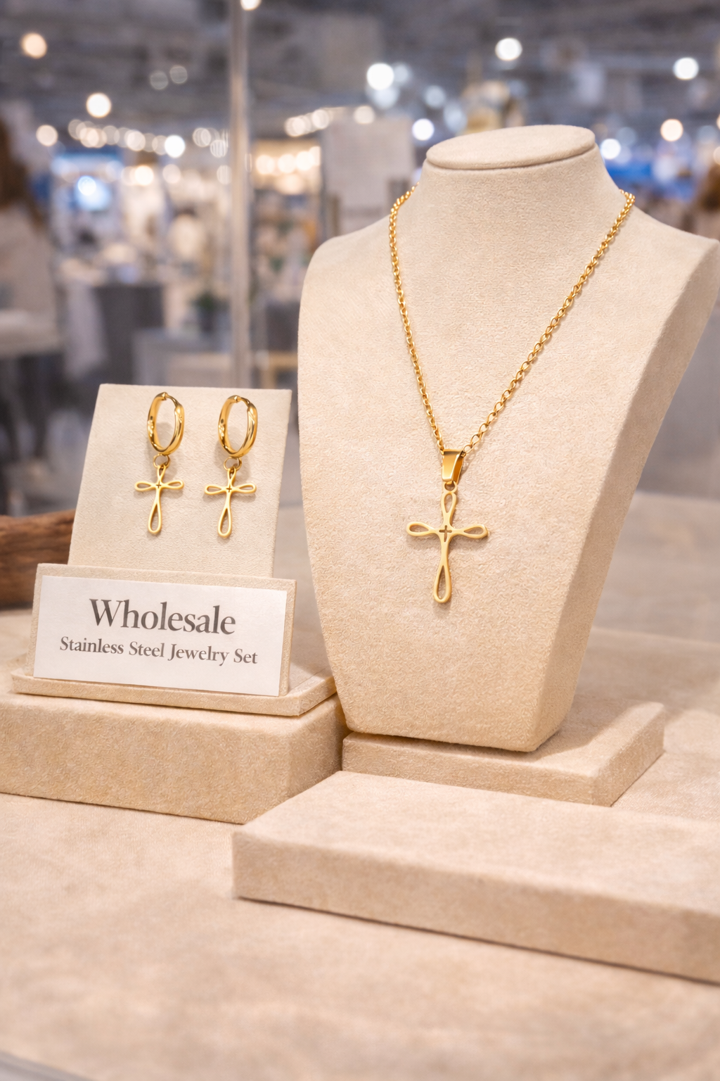 Gold Cross Pendant Necklace with Hoop Cross Earrings Minimalist Jewelry Set