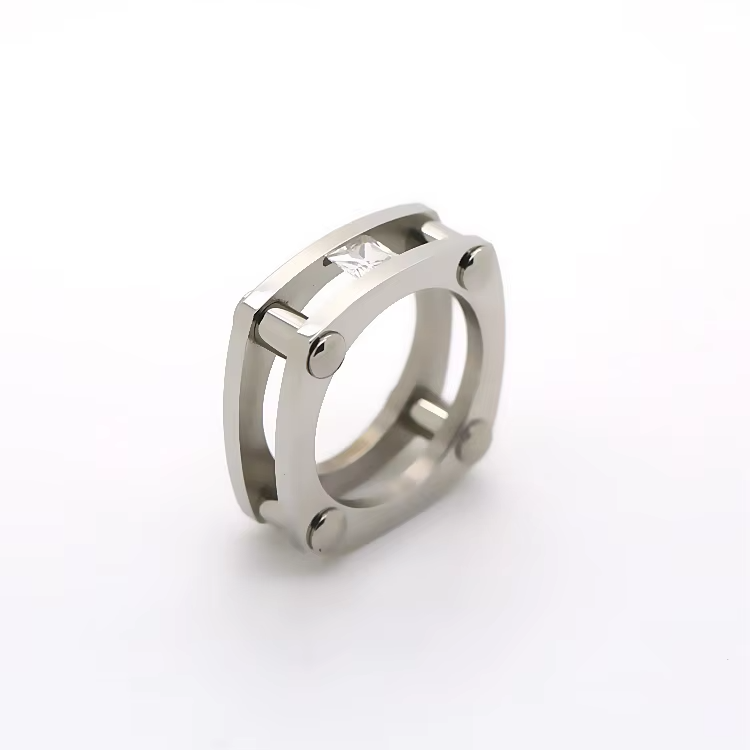 Modern Stainless Steel Men's Fashion Ring with Square Design & CZ Zircon
