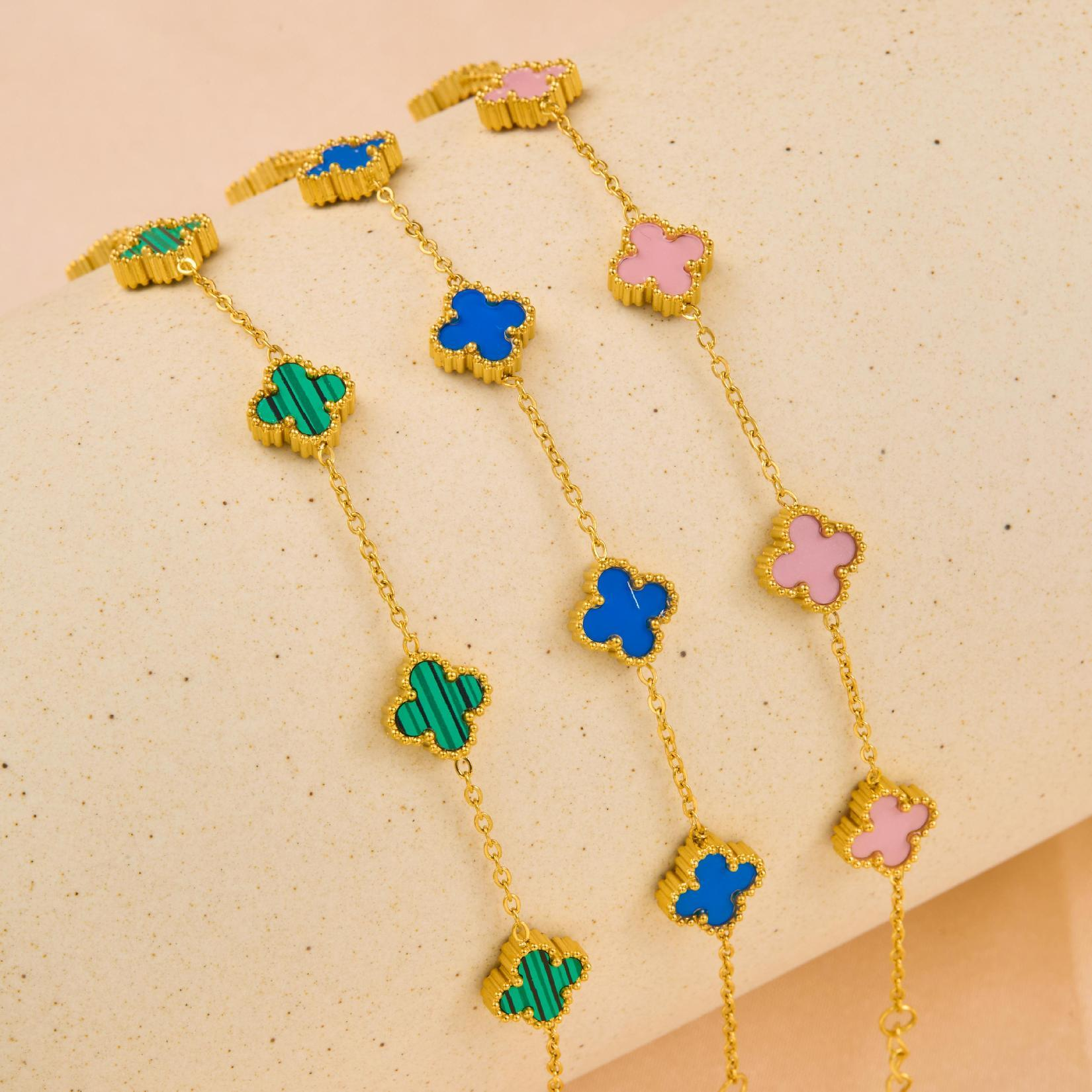 Multicolor Clover Bracelet Set for Women - Gold Plated Chain with Pink, Blue, and Green Charms - Adjustable Fashion Jewelry Gift