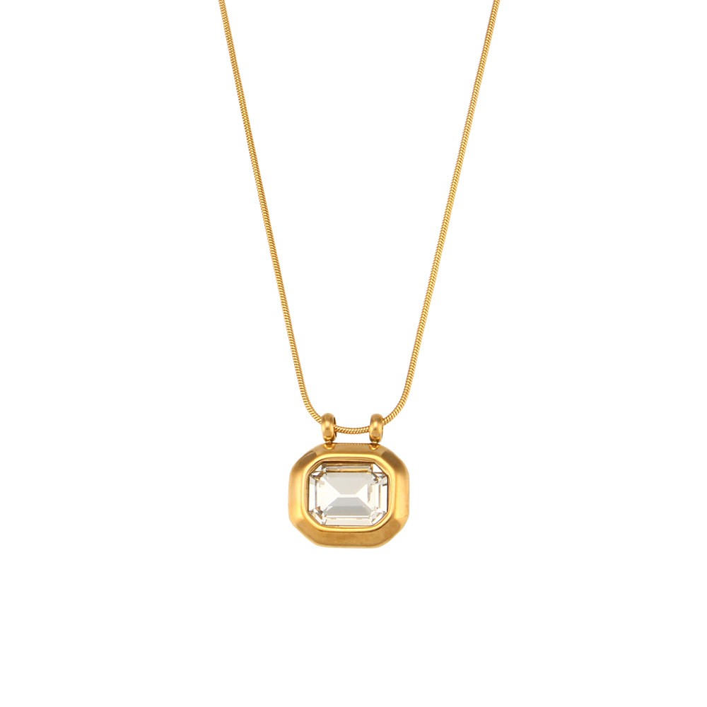 Minimalist Gold Octagon Crystal Pendant Necklace – Elegant Snake Chain Jewelry