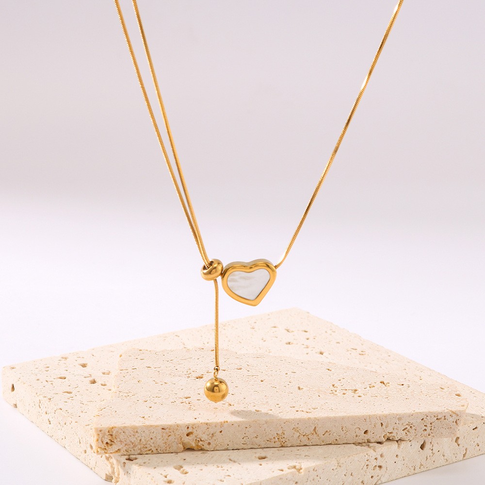 Adjustable Gold Heart Pendant Necklace – White Enamel Sliding Chain