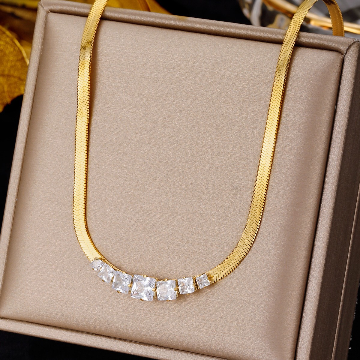 Gold-Plated Snake Chain Necklace with Square-Cut Zirconia Crystals