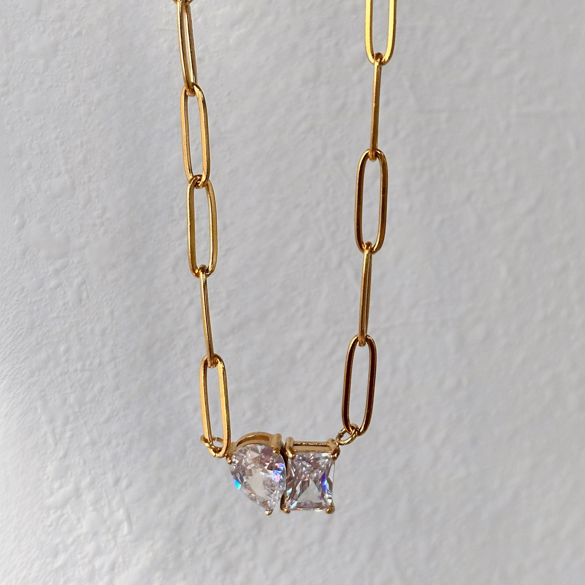 Elegant Gold Link Chain Necklace with Dual-Cut Cubic Zirconia Pendants