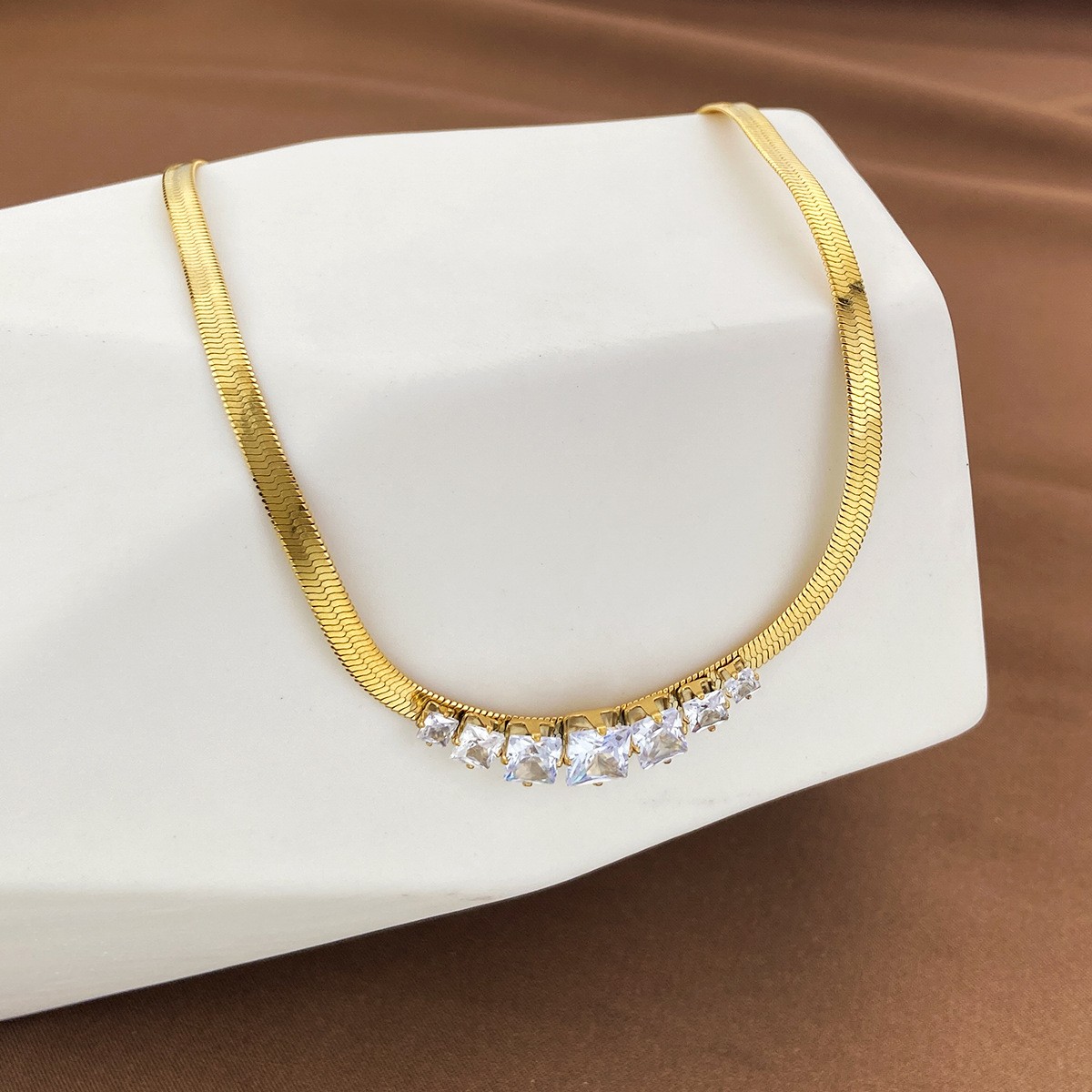 Gold-Plated Snake Chain Necklace with Square-Cut Zirconia Crystals