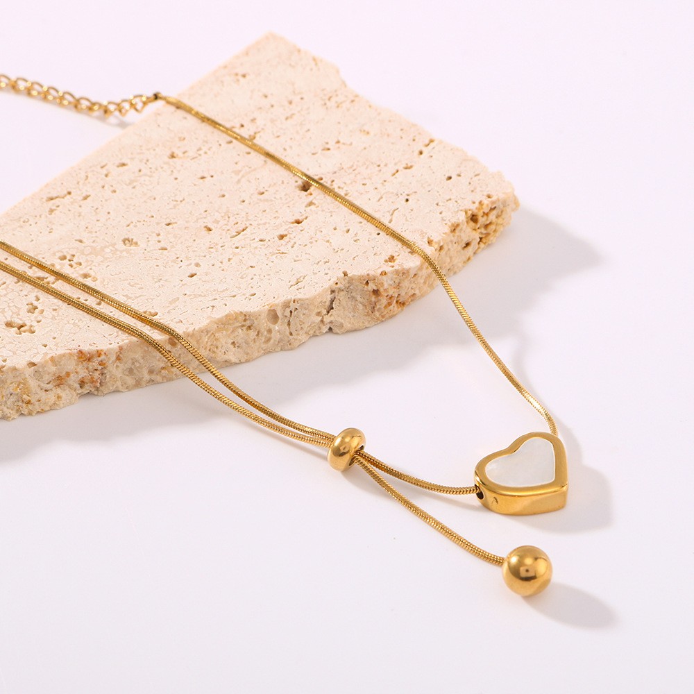 Adjustable Gold Heart Pendant Necklace – White Enamel Sliding Chain