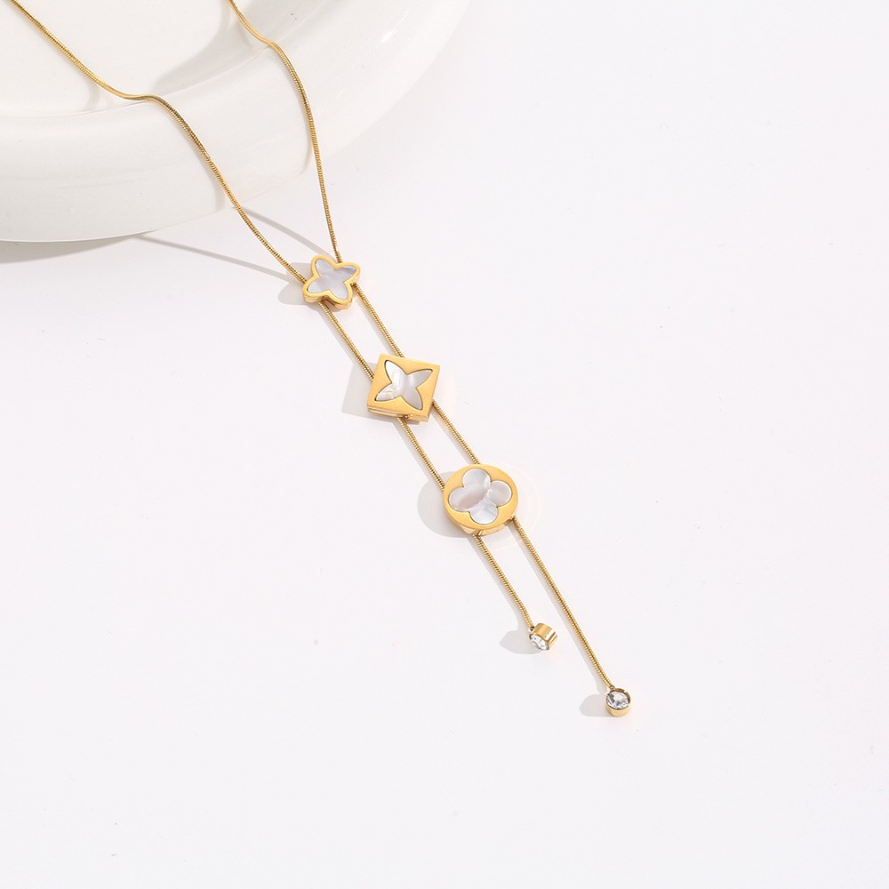 Gold Mother-of-Pearl Floral Adjustable Lariat Necklace – Double Chain Design