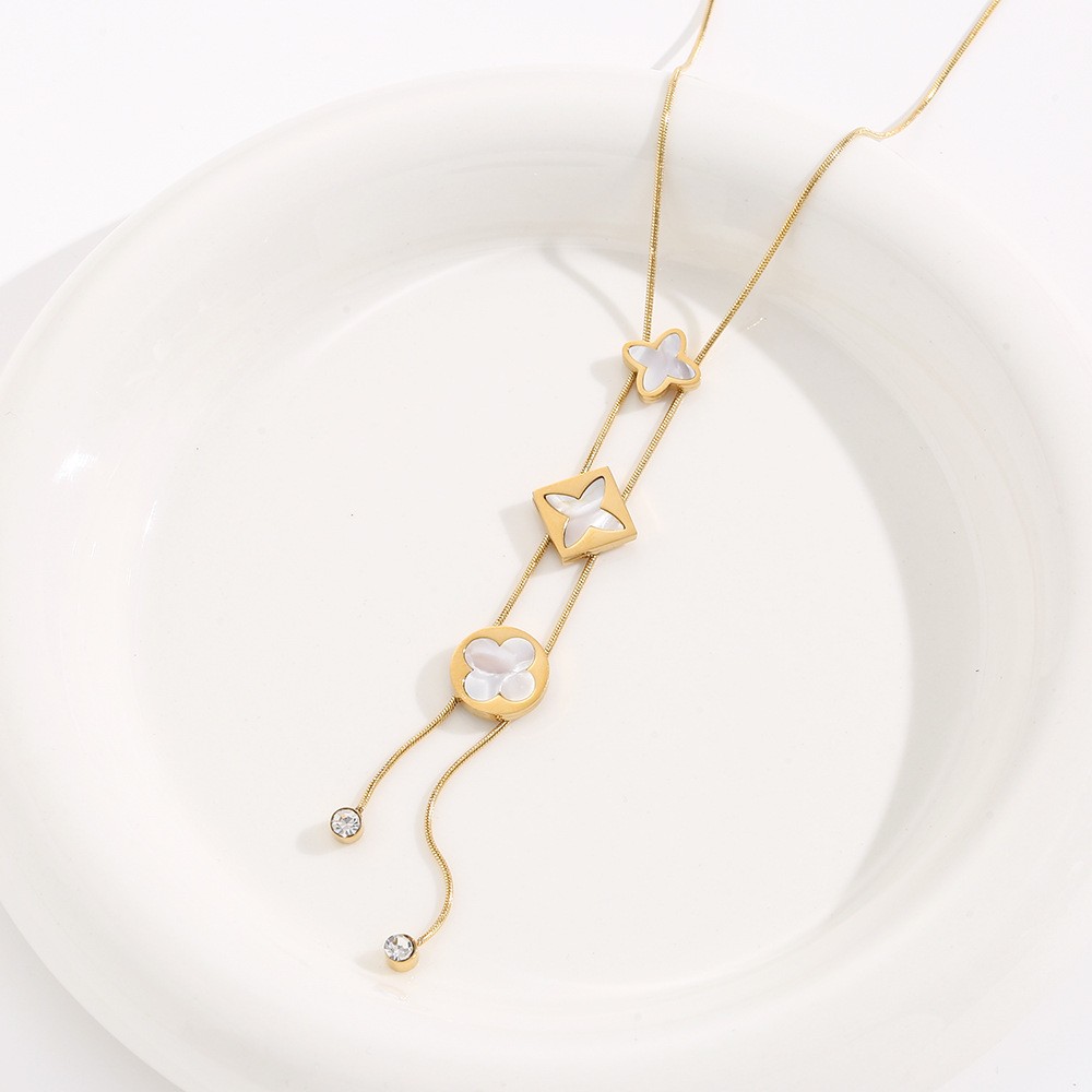 Gold Mother-of-Pearl Floral Adjustable Lariat Necklace – Double Chain Design