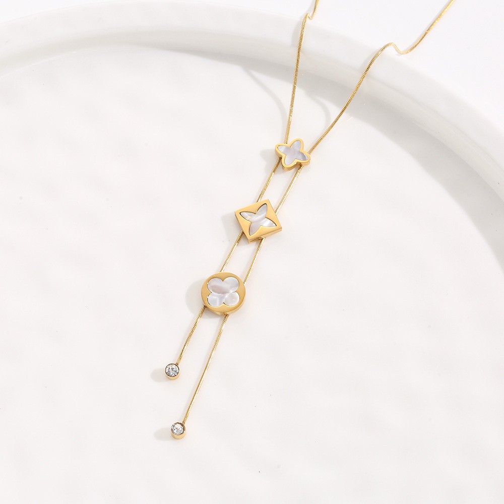 Gold Mother-of-Pearl Floral Adjustable Lariat Necklace – Double Chain Design