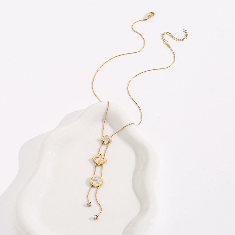 Gold Mother-of-Pearl Floral Adjustable Lariat Necklace – Double Chain Design