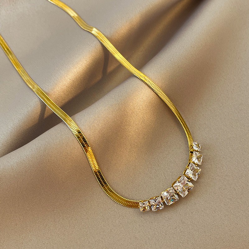 Gold-Plated Snake Chain Necklace with Square-Cut Zirconia Crystals