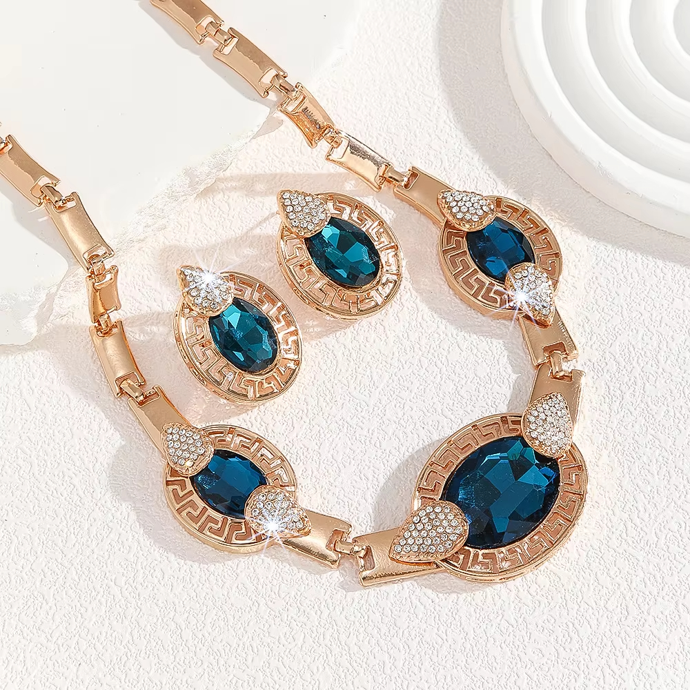 Necklace Earring Bracelet Set Engagement Jewelry Wedding Accessories Bride Rhinestone Gold Plated Necklace Jewelry